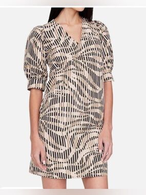 Marie Oliver Striped Cotton Short Sleeve V-Neck Kaftan Midi Dress Beige Brown 2X